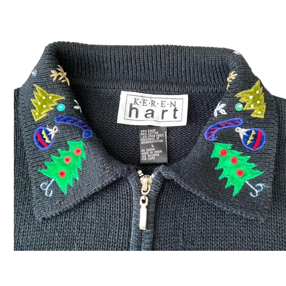 Keren Hart Vintage Embroidered‎ Christmas Zip Up Black Cardigan, Size Large